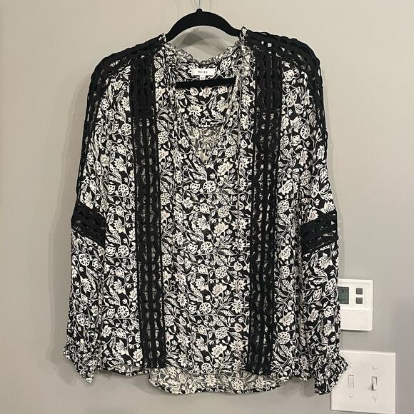 Reiss Top Womens Florence Floral Lace Inset Blouse Sz 8 Boho Tie Ruffle Viscose - Picture 2 of 9